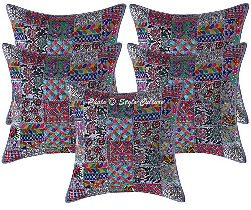 Stylo Culture Ethnicas Fundas Cojines Decorativa 60x60 cm Algodón Abstracto Funda Almohadon Cama Gris 24x24 Inch Patchwork Vintage Cuadrado sobre Fundas De Cojines De Sofa - 5 Pcs