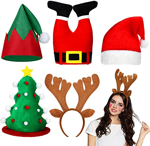 5 Pieces Christmas Hats and headband Set Santa Pants Design Hat, Elf Hat, Plush Christmas Tree Reindeer Headband