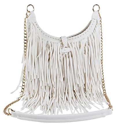 LUI SUI Borse a spalla hobo a tracolla in nappa con frange in pelle scamosciata sintetica da donna (Bianco)