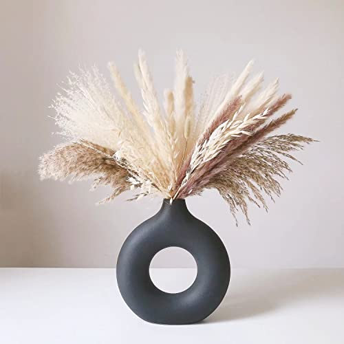 Eastern Rock White Ceramic Vases for Pampas Grass,Water Drop Design Doughnut vase Modern Home Decor Minimalist Nordic Boho Ins Style (Black Medium)