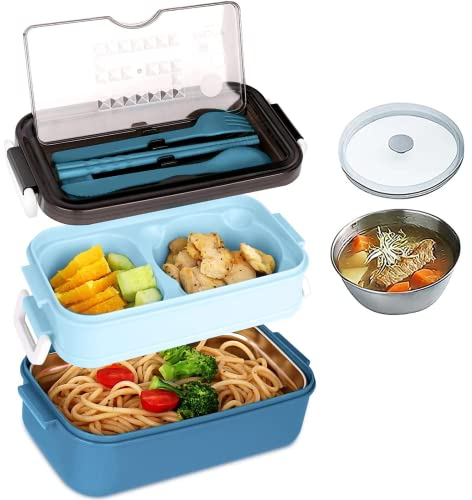 Lunchbox für Erwachsene und Kinder mit 3 Fächern, 1260ml- Brotdose mit Besteck, Abnehmbarer Behälter aus Edelstahl 304, Bento Box für Schule/Arbeit/Picknick Reisen