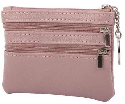 Creaher Damen Echtleder Münzbörsen Mini, Rosa Geldbörse Münzbeutel Klein Frauen Mit Schlüsselanhänger DREI Fächern Business Card