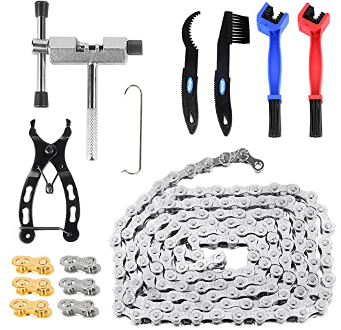 DBREAKS Fahrradkette, 6/7/8 Fach Fahrrad Kette Werkzeug, mit Kettenbrecher und Kettenprüfer, 6 Paar Kettenschloss, Fahrrad Reinigungsbürste, für Rennrad Mountainbike usw.