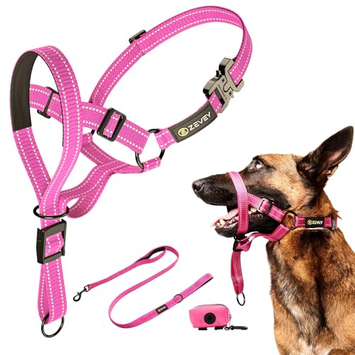 Zevey Dog Headcollar with Leash and Safety Strap Stops Heavy Pulling On The Leash Padded Reflective Head Halter for Small Medium Large Dogs Adjustable Head Harness for Training and Walking, (L, Pink)