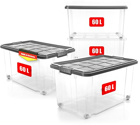 BigDean 4 Stück 60 L Aufbewahrungsbox mit Deckel groß stahlgrau - stapelbare robuste Box - rollbare Stapelbox mit festen Klickverschlüssen - Made in Germany