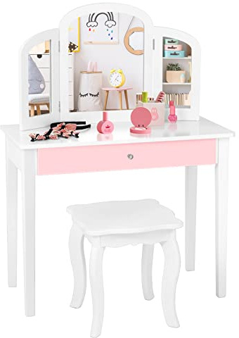 DREAMADE Coiffeuse pour Enfants avec 3 Miroirs Amovible et 1 Tiroir, Table de Maquillage pour Enfants avec Tabouret, Coiffeuse Princesse en MDF et Bois de Pin (Blanc)