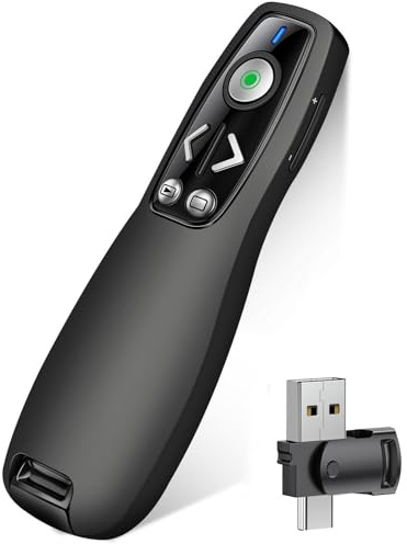 2-in-1 USB Type C Presentation Clicker Wireless Presenter Remote with Green Light for PowerPoint, Powerpoint Clicker with Volume Control PowerPoint Slide Advancer for Mac, Computer, Laptop