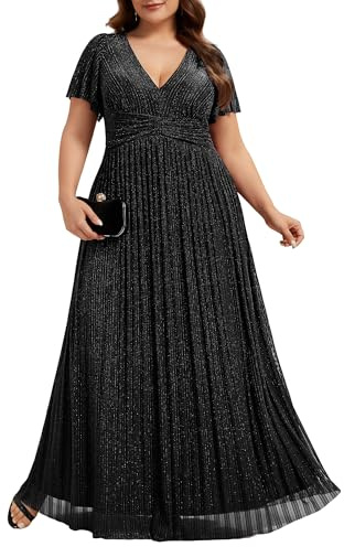 Ever-Pretty Vestito Donna Elegante Cerimonia Lungo Brillante Pieghe Maniche a Volant Stile Impero Abito da Sera Donna Nero 52