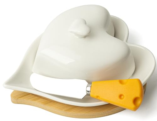 Dormercy Burriera con coperchio e coltello per piano di lavoro, in ceramica, porta burro con base in bambù, a forma di cuore