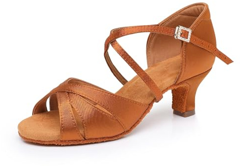 Rosefinch Zapatos de Baile Latino para Mujeres Suela Blanda Hebilla de Diamantes de imitación Salsa Tango Bailes de salón Zapatos de Baile Profesional de práctica Tacón 5cm, Marrón 41EU