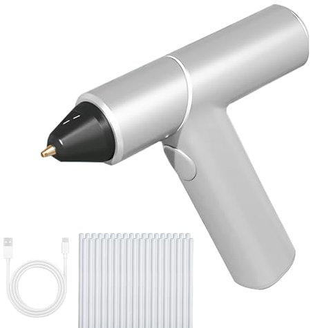 Heißklebepistole Akku, Kabellos Heissklebepistole, Akku Klebepistole mit 46 Stück Klebesticks 7mm & Ladekabel, Typ-C Automatische Klebstoffausgabe, Intelligente Abschaltfunktion