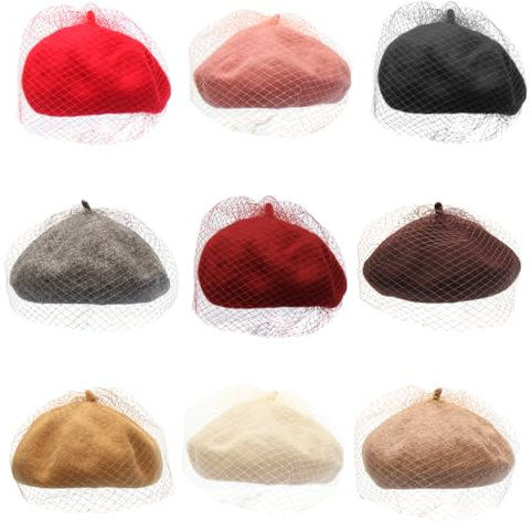 Greabuy Béret pour femme - Béret français - Hiver - Automne - En laine - Couleur unie - Voile en maille - Automne - Peintre de rue - Casquette octogonale - Pour femme - Chapeau tendance pour filles,