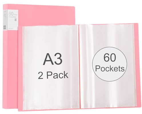 Srvnpioy 2 Pezzi Portalistino A3, 60 Tasche Trasparenti, Porta vista A3 120 viste, Presentazione Mostra Libro per opere d'arte, fogli report, Rosa