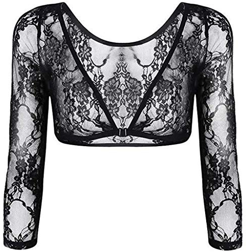 pvucpot Donna Coprispalle in Pizzo, Top Fronte Aperto con Scollo a V, Coprispalle a Rete Trasparente con Chiusura ad Occhiello, Bolero Floreale a Maniche Lunghe per Abiti, Cerimonia, Nero, S-3XL
