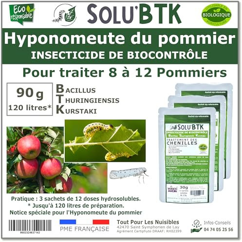 SoluBTK - Hyponomeute du Pommier - 90 g Bacillus thuringiensis BTK - Insecticide Utilisable en Agriculture Biologique - Traitement chenilles