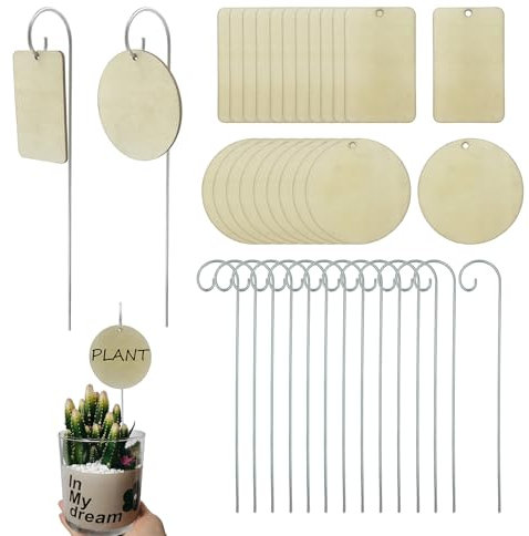 DUGYIRS 50 Set Étiquette pour Plante de Bois avec Crochet de Barre Métallique mis à la Terre pour Extérieur,Légumes,Fleurs,Bonsaï(Carré,Rond)