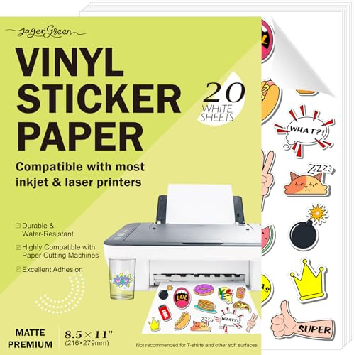 JAGERGREEN 20 Feuilles Papier Autocollant Imprimante A4 Blanc Mat (216x279mm) – Étiquettes Adhésives Imperméables, Compatible Laser & Jet d'Encre, pour Machines de découpe, DIY, Étiquetage