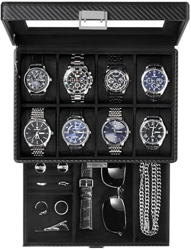 ProCase Boîte Montre avec 8 Emplacements 1 Tiroir, Coffret Montre à 2 Niveaux, Range Montre en PU Cuir -Tout Noir