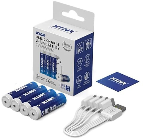 XTAR Pilas AA Recargables 1,5V Li-Ion, 3000mAh, Pack de 4, Cable USB-C, 1200+ Ciclos de Carga