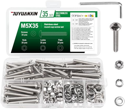 35 Set M5 x 35 mm Nuts and Bolts Assortment, Hex Socket Button Head Screws Bolts and Nuts Set, Stainless Steel Allen Machine Screws with Flat & Lock Washers Set