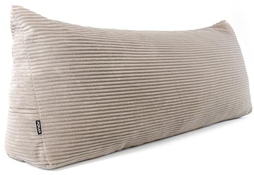 POKAR Almohada Lectura Cuña 180x50x20 cm | Cojín Respaldo para Cama y Sofá con Apoyo Espalda | Cojín Lumbar con Funda de Pana Suave y Bolsillos Laterales | Certificado Öko Tex | Beige