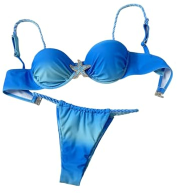 SHENHE Women's Push Up Swimsuits 2 Piece Underwire Top Starfish Cheeky Thong Bikini Set Blue Large