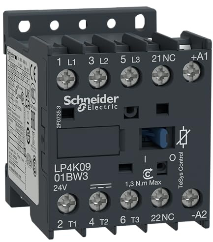 Schneider Electric, TeSys K contactor - 3P - AC-3 <= 440 V 9 A - 1 NC aux. - 24 V DC coil, LP4K0901BW3