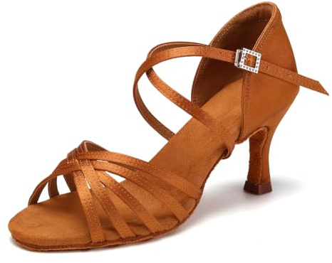 HIPPOSEUS Zapatos de Baile Latino Mujer con Puntera Abierta de Salón Zapatos de Baile Marron para Bachata y Salsa Tacon 7 cm,EU 38