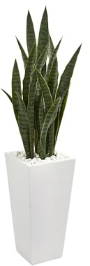 Nearly Natural 4’ Sansevieria Artificial White Tower Planter Silk Plants Green