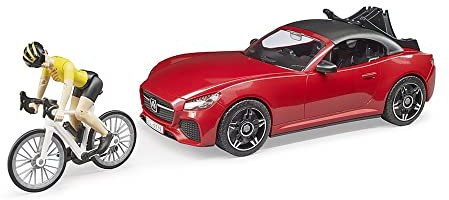 Bruder Toys - Recreational Realistic Roadster Car with Bicycle Rack and Road Bike with Female Cyclist Figure - Car Roof is Removable - Ages 4+