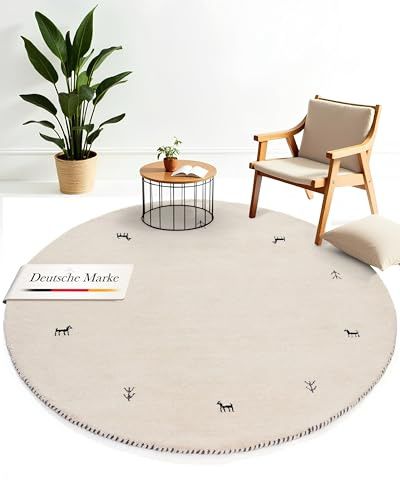 carpetfine Wollteppich Gabbeh Uni Rund Weiß Ø 80 | Moderner Teppich für Wohn- und Schlafzimmer