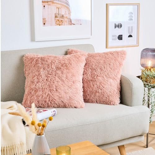 Blumtal 2er Set Kuscheliger Kissenbezug 60x60 cm - Dekokissen aus Kunstfell mit Reißverschluss weiche Kissenhülle - Flauschiger Bezug für Sofakissen Couchkissen, Oeko-Tex Zertifiziert, Rosa