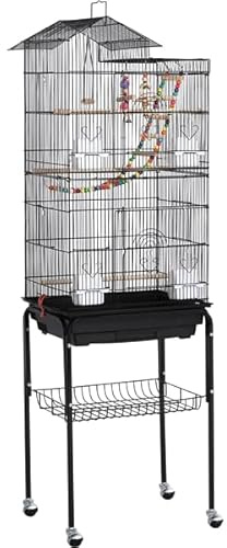 Abician Cage à Oiseaux Décorative en Métal avec Support Détachable à Roulette Cage à Perruche avec Jouets Perchoirs Plateau Coulissant Cage pour Les Petits Oiseaux 158,5 cm Noir