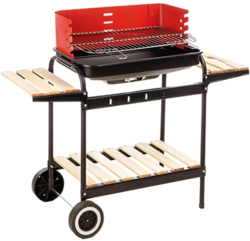 BAKAJI Barbecue Trolley a Carbonella in Metallo e Legno, BBQ Braciere Portatile con 3 Ripiani d'Appoggio e 2 Ruote, Grill da Giardino Ideale per Campeggio, Balcone, Esterni, Graticola in Acciaio