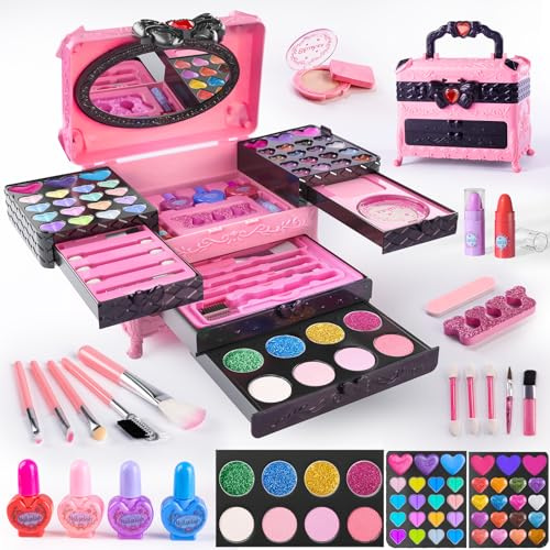 GORISPI Kids Makeup Sets for Girls, 66pcs Real Cosmetic for Kids Toys with Mirror, Princess Washable Girls Makeup Kit, Non-Toxic & Safe Brithday Gifts for 3 4 5 6 7 8 10 - 12 Years Old（Pink Black）