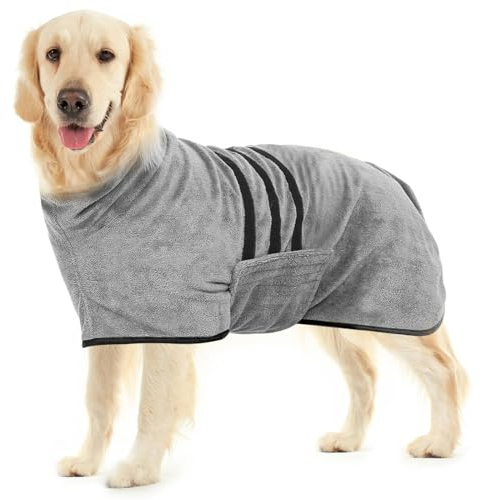 Hundebademantel, Mikrofaser Bademantel für Mittelgroße Hunde mit Klettverschluss und verstellbarem Schrumpfband, schnell trocknend, saugfähig, für mittelgroße große Hunde, M