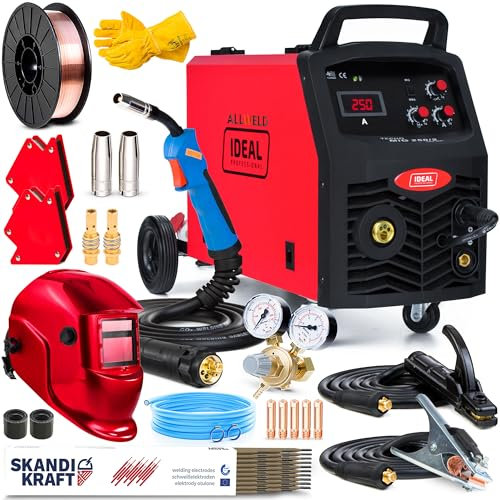 Ideal Tecno MIG 250/2 - 230V/400V Soldador inverter con gas multifuncional y robusto de 250 A con chasis - Flux, MMA y soldadura con estaño - Bobina de alambre 15 kg - Set Premium