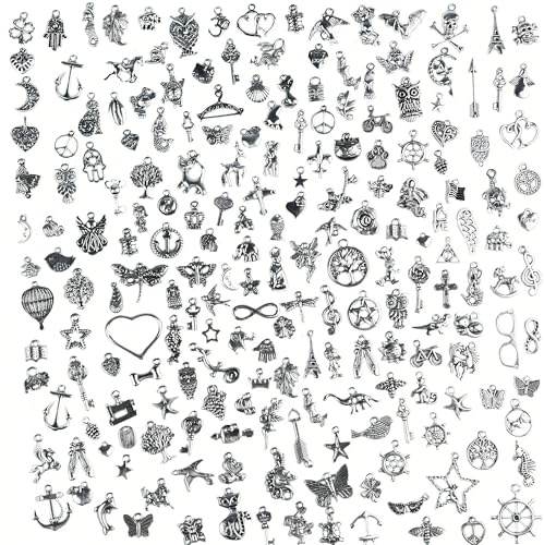 Aokbean 200pcs Bulk Silver Bracelet Craft Charms Jewellery Making Metal Small Charm Decoration Kit DIY Necklace Kid Jewlery Accessories Girl Earring Bead Keyring Set Mini Star Animal Pendant Supply