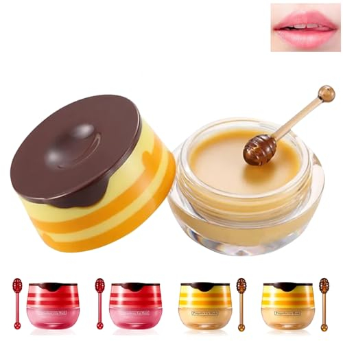 Ninnyi 4PCS Strawberry & Honey Bee Lip Balm, Moisturizing Lips Mask for Day and Night Care Set
