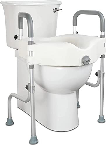 Abattant de WC surélevé, rehausseur de siège de toilette surélevé avec poignées, pieds réglables en hauteur pour toilettes standard allongées, 136,1 kg, cadre de sécurité robuste pour salle de bain,