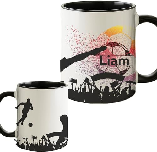 drunkLY Fußballtstasse mit Namen - mit Fußball-Motiv - personalisierter Keramik Kaffee-Becher – Fußball-Tasse - Glühwein-Tasse - Geschenk-Idee - personalisert (schwarz)