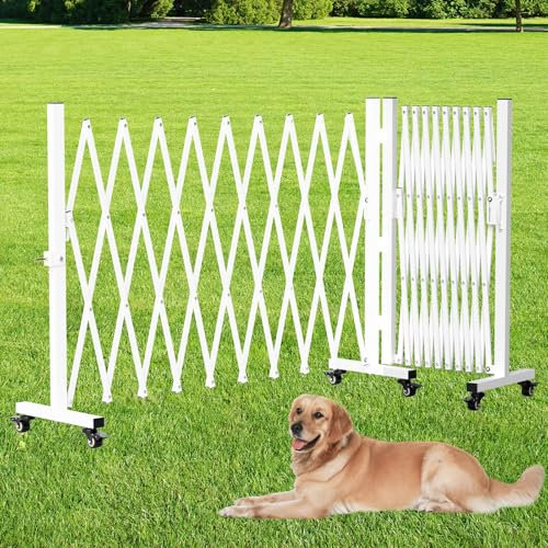 Retractable Outdoor Dog Gate, 207'' Wide Driveway Gate Expandable Portable Fence, Two-Segment 0-180 Degrees Rotatable Design Yard Garden Fence, Metal Safety Barrier Gates (White, 41.34 * 216.54)