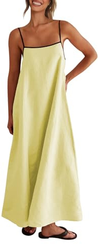 Shy Velvet Women's 2025 Summer/Fall Linen Maxi Dress Contrast Spaghetti Strap Dress Backless Casual Party Slip Dresses, Lemon Yellow, L