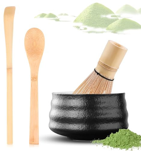 Matcha Besen 4-Teiliges Set: Matchabesen Set 4 (100 Borsten), Matcha-Schneebesen mit 2 Matcha Löffel, Matchabesen Halter für traditionelle japanische Teezeremonie