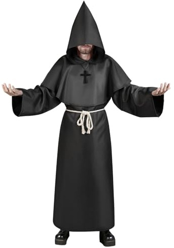 Aomig Disfraz de Monje Halloween, Disfraz de Sacerdote Medieval con Cruz y Capucha, Disfraz de Monje Sacerdote Medieval Renacimiento Traje, Disfraz Halloween Adulto para Fiestas Carnaval, Negro-XL