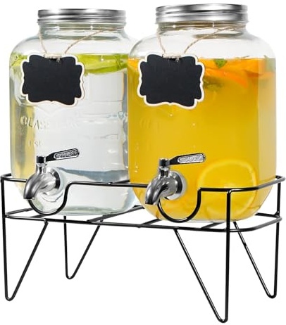 Hisredsun 2 x 4L Glass Drink Dispenser with Tap and Stand for Party | Water Juice Dispensers with Stainless Tap, Wide Mouth for Easy Cleaning,Easy Refill