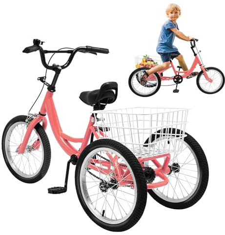 Fridgestea 16 Inch Tricycle for Kids Ages 7-10 | 3 Wheel Children's Bike with Adjustable Handlebars & Seat | Kids' Trikes with Large Rear Basket, Clamp Brake & 110 lbs Capacity | Light Orange