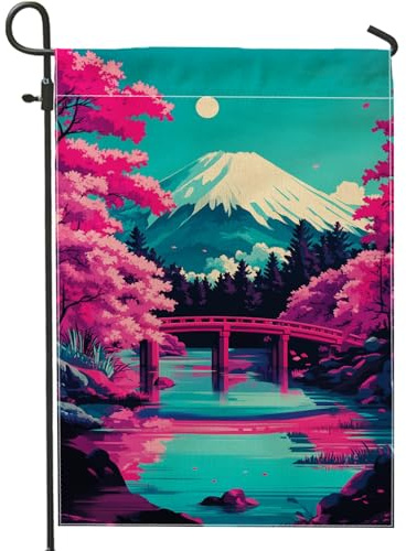 Drapeau de jardin en forme de fleur de cerisier - Paysage de montagne vibrant - Décoration extérieure double face - Printemps été - Décoration de cour - 30,5 x 45,7 cm