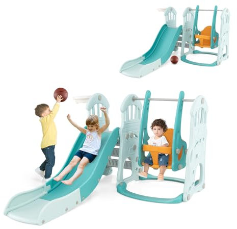 HOMASIS 4 in 1 Set di Scivolo per Bambini, Parco Giochi per Bambini con Scale, Altalena Regolabile, Cestino da Basket, Pallone da Basket Gonfiabile per Bambino di 18+ Mesi (Blu)