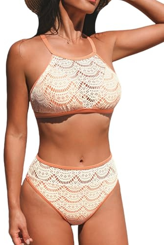 CUPSHE Bikiniset för kvinnor hög midja rund hals rygg korsad rygg självknytande texturerad tvådelad baddräkt, Beige/Orange, S